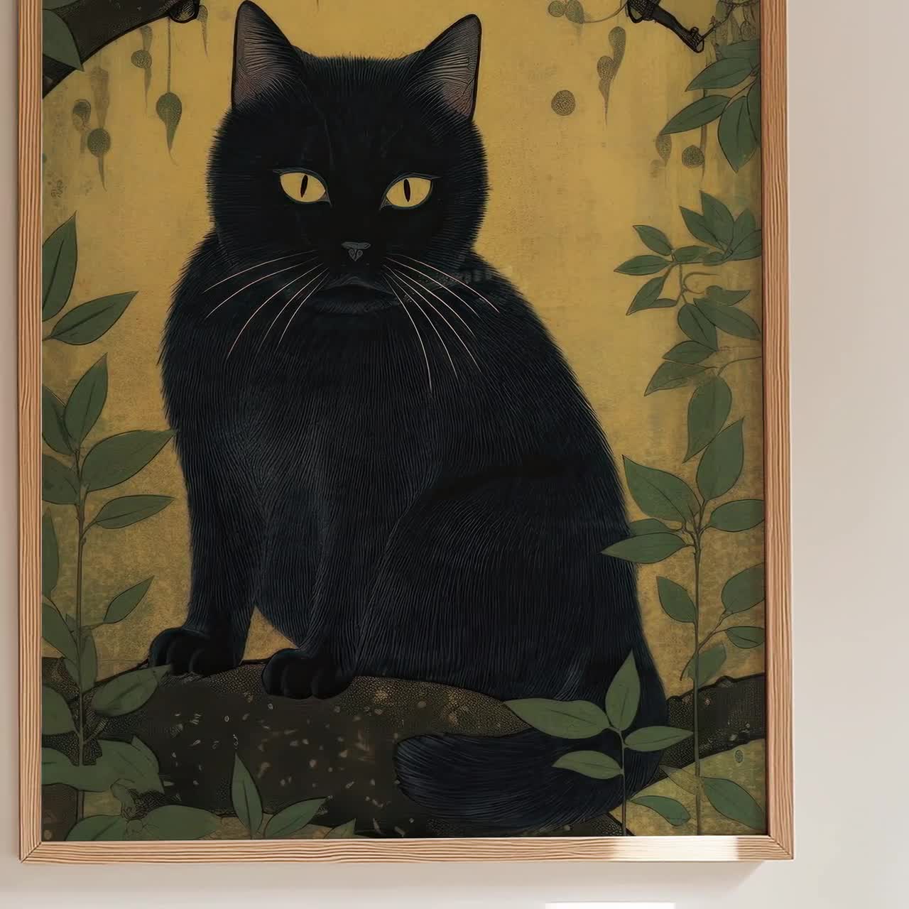 ヴィンテージの日本の黒猫の絵画プリント｜猫の壁アート｜和風
